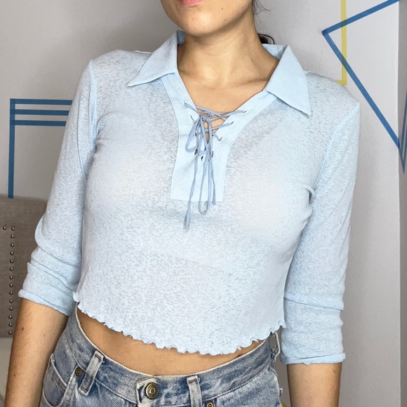 Blue Sheer Collared Crop Top - Picture 2 of 3